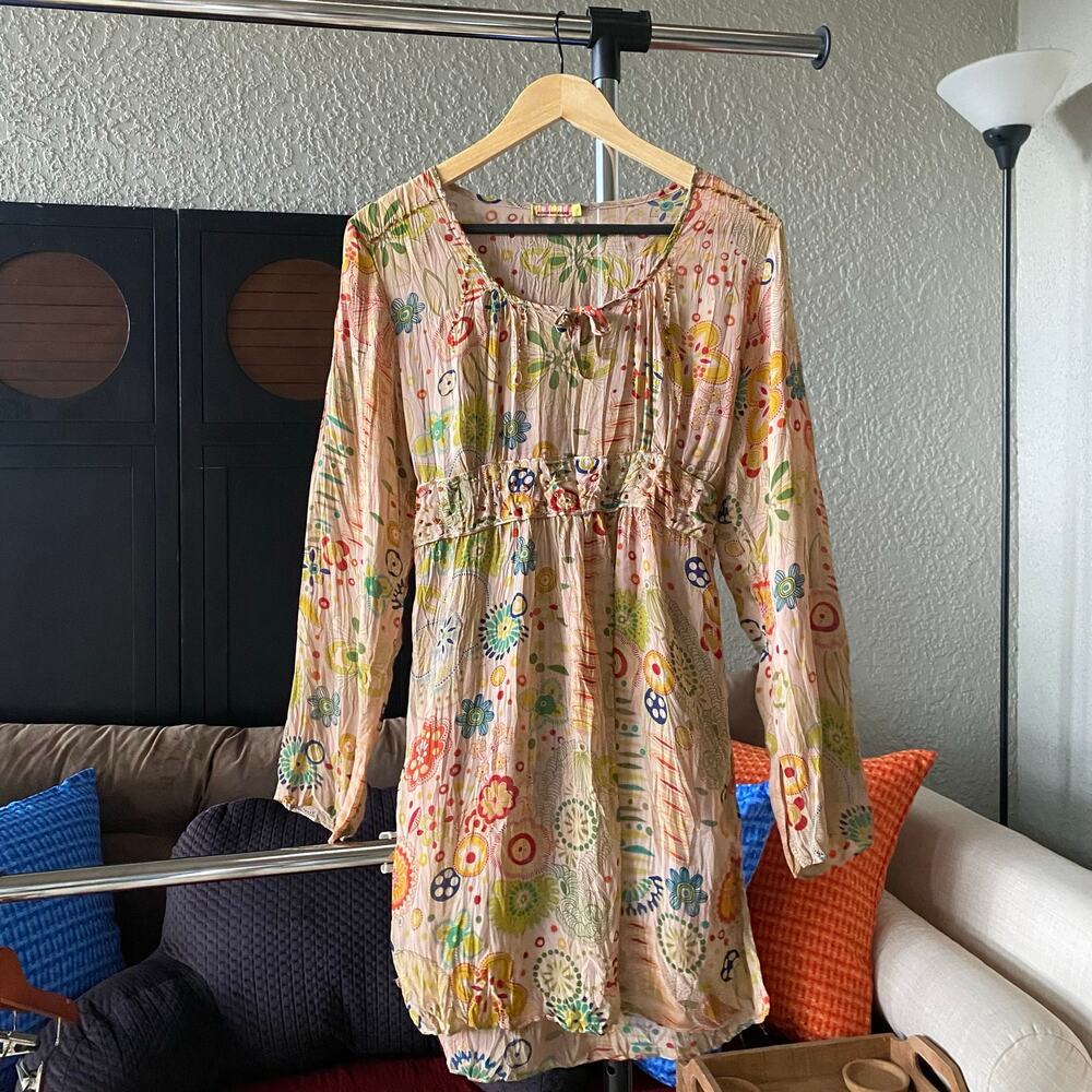 VTG Beaded Sheer Dress Mini Knee Length Multicolor Flowy Delicate Funky P Small